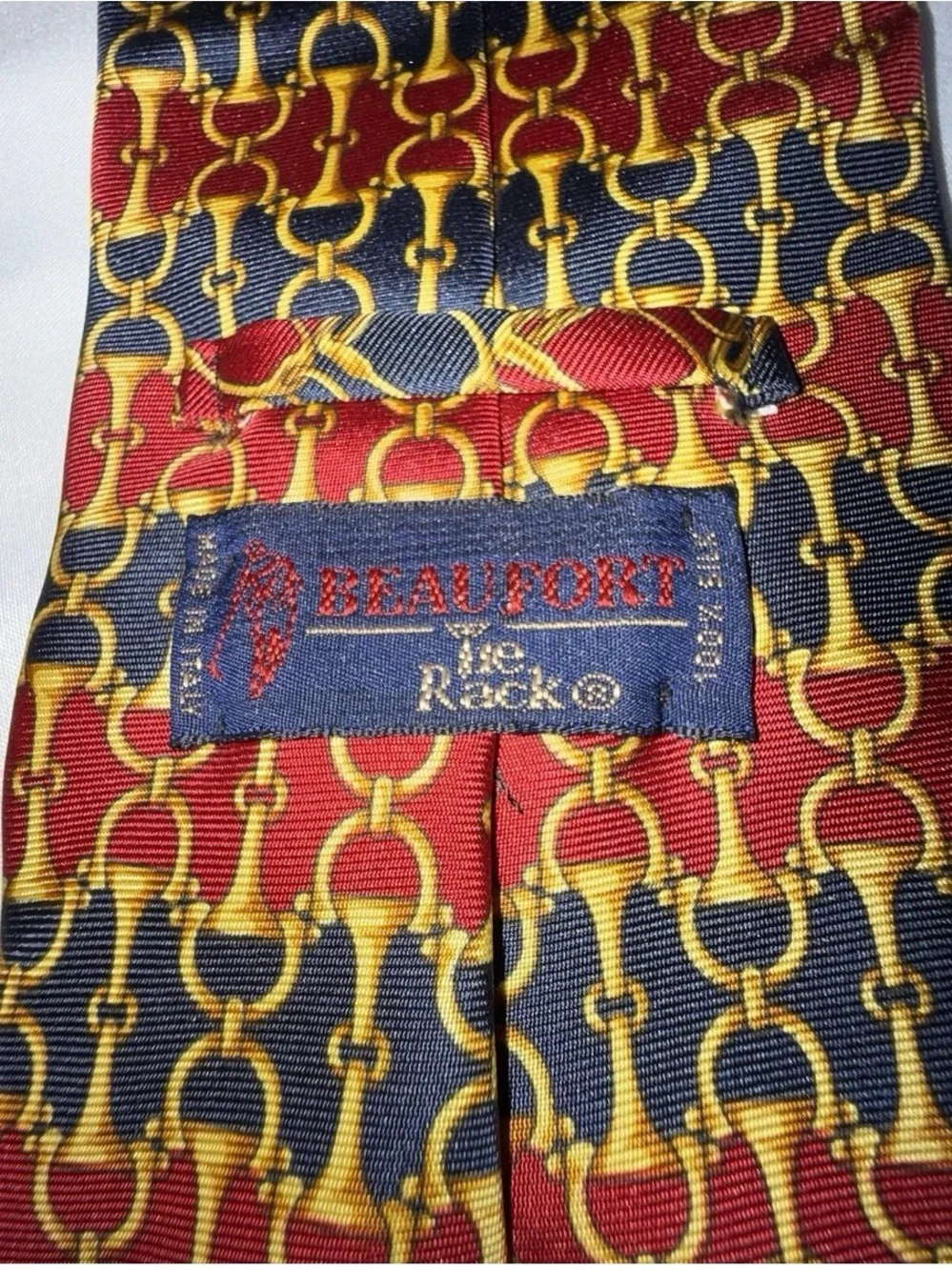 Equestrian Men's Red Navy Gold Horse Bit Patterned Italian 100% Silk Vintage Tie